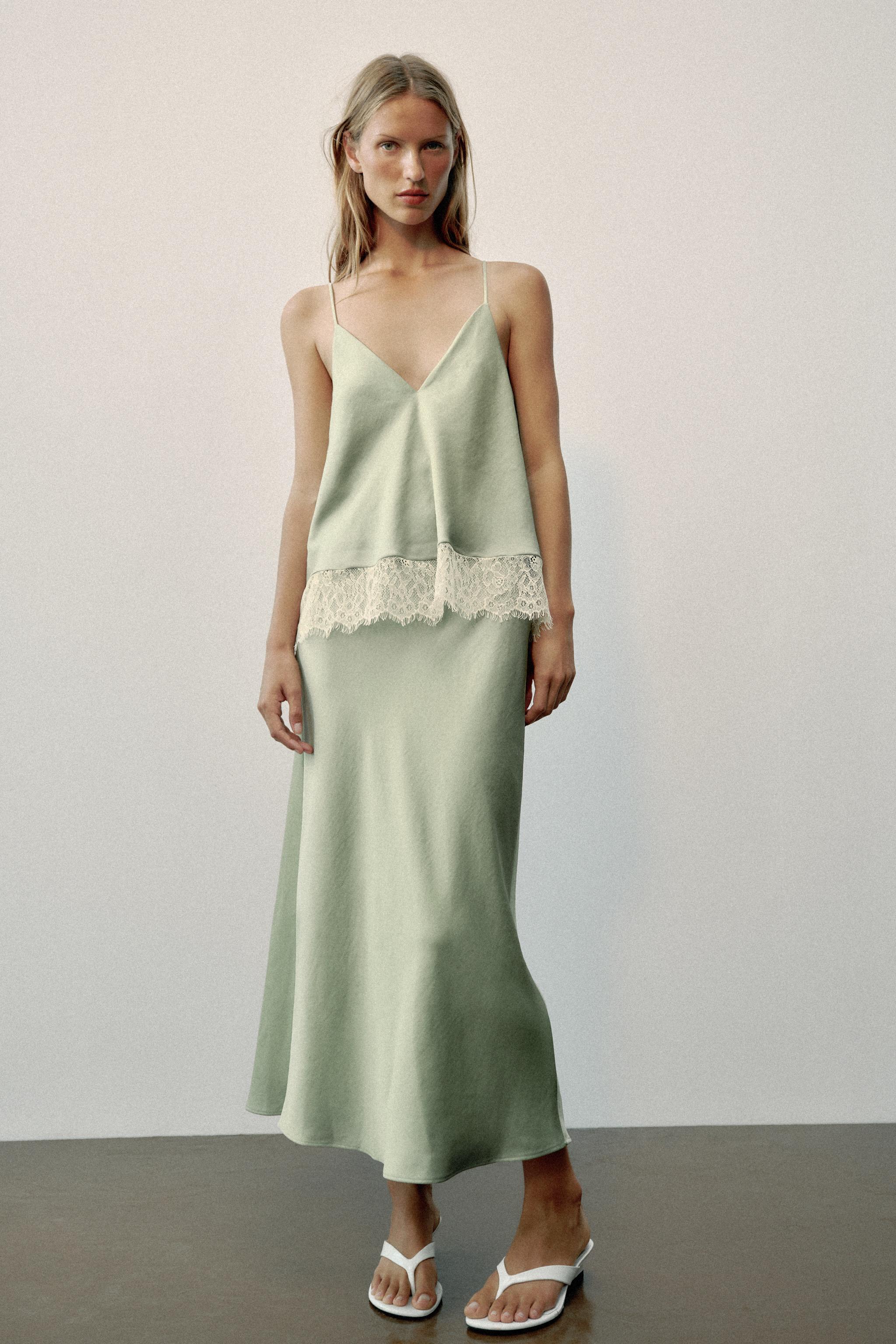 Lace-Trimmed Satin Midi Slip Dress